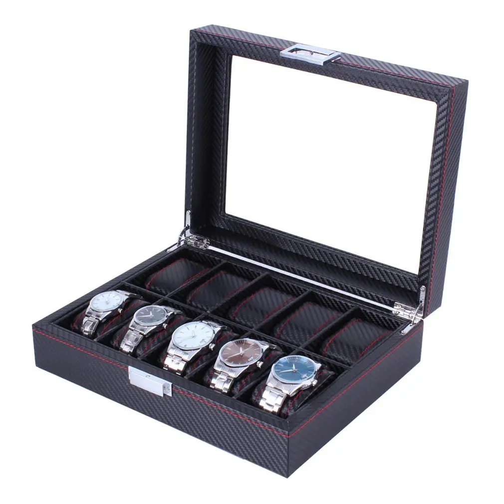 

10 Grids Retro Carbon Fibre Wooden Watch Display Case Durable Packaging Holder Jewelry Collection Storage Watch Organizer Box