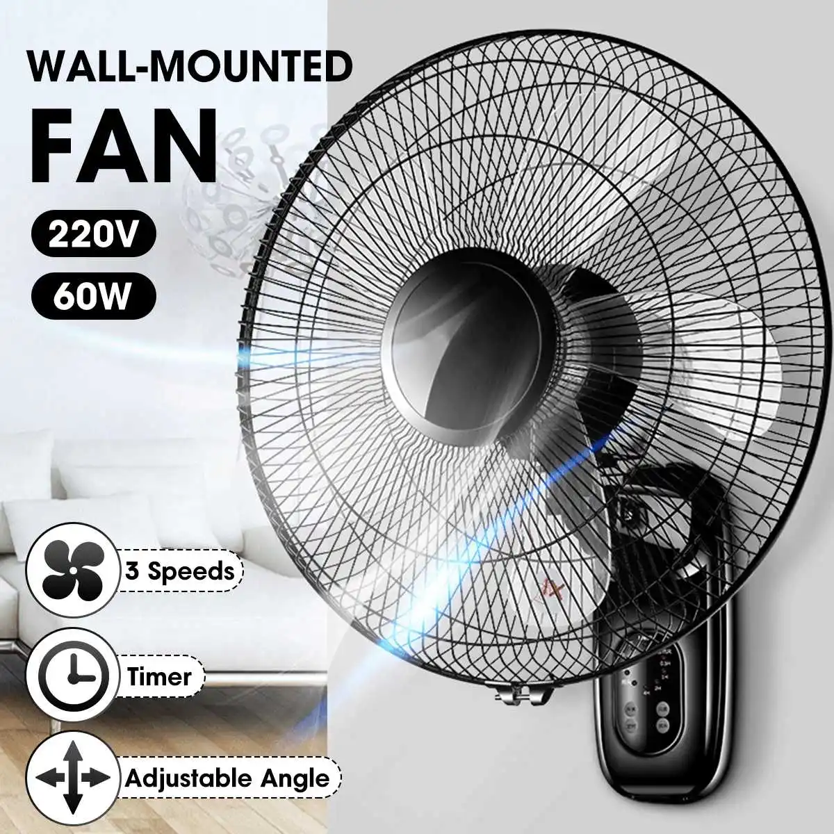 

220V 16 Inch Wall Mounted Fan Oscillating Home Cooling Fan Timer Remote 3 Gears Adjustable Living Room Electric Fan Low Noise