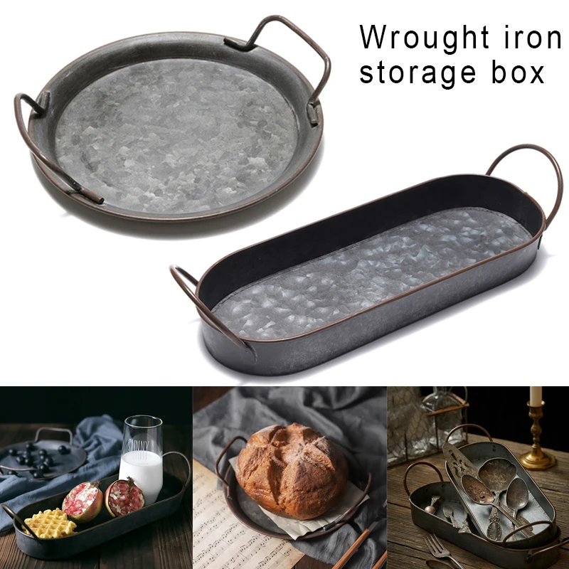 

Vintage Style Metal Serving Tray Basket French Country Dishes Shabby Rustic Home xqmg Storage Trays Kitchen Storage Organization