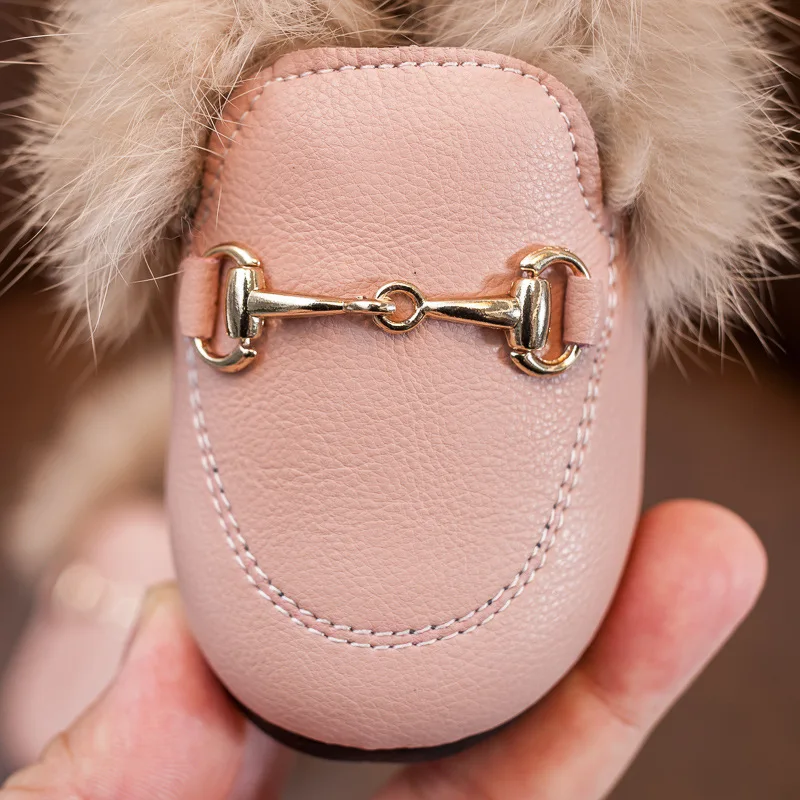 2019 г. Зимняя меховая обувь для маленьких девочек розовые черные Лоферы мальчиков