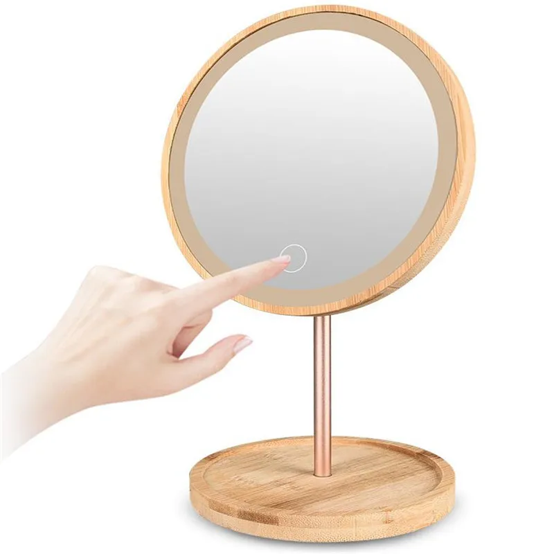 LEDMakeup Mirror With Light Ladies Storage Makeup Lamp Desktop Rotating Vanity wooden Round Cosmetic Mirrors high-grade gift