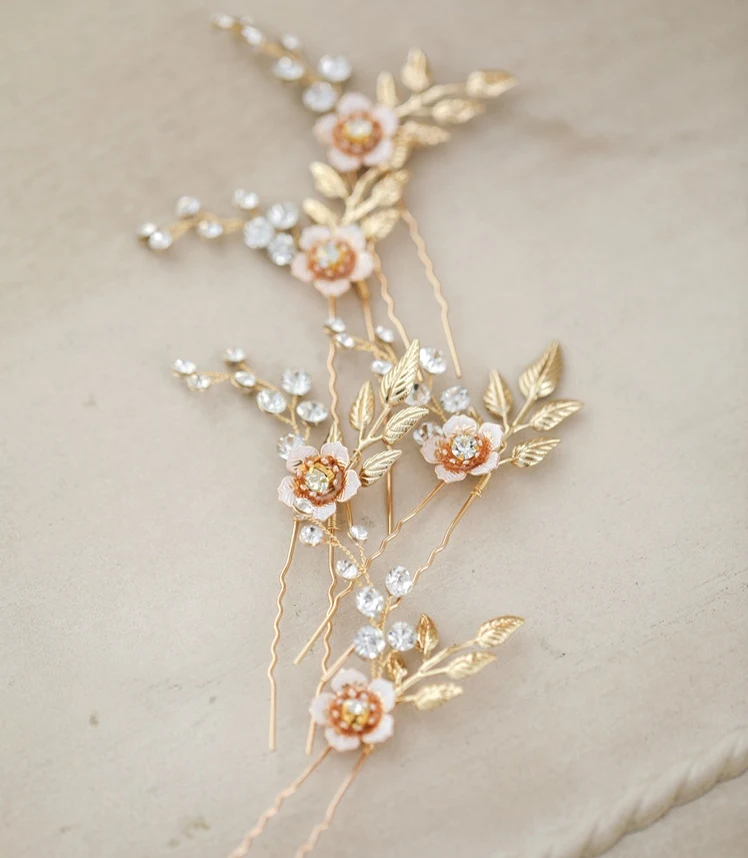 Ручной работы сусальное золото свадебные заколки для волос с цветочным узором