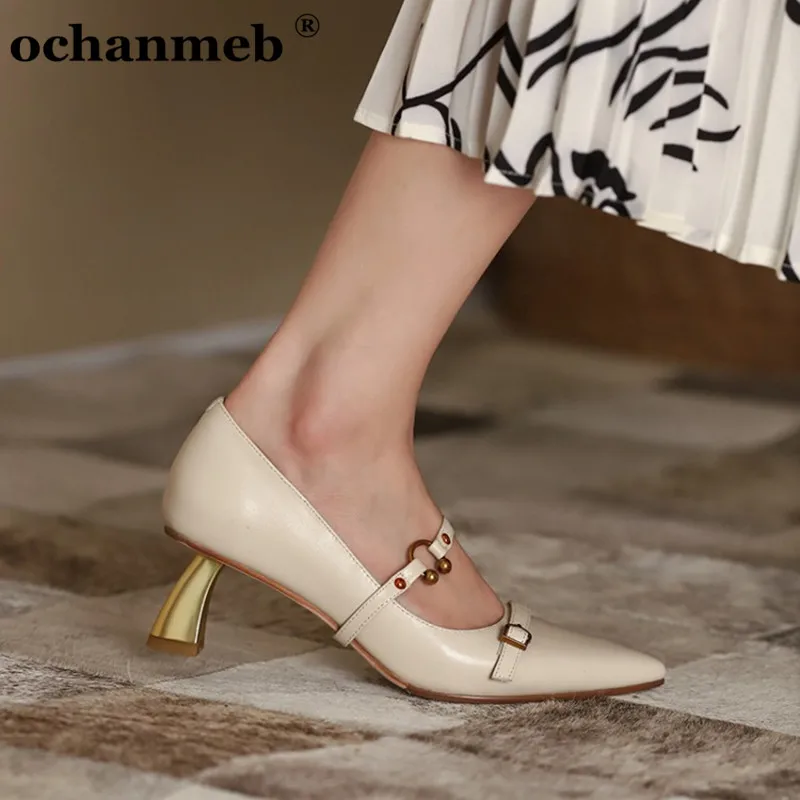 

Ochanmeb stylish gold high heeled soft cow natural genuine leather pumps women shoes woman metal buckled strap Mary Janes beige