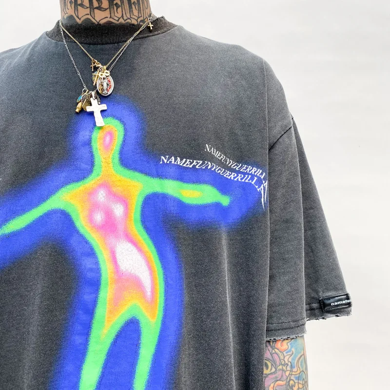 

2021 Men's Distressed Printed T-shirt Loose Short Sleeve Tops Woman Casual Oversize Tees Male High Street Hip-hop T Shirts