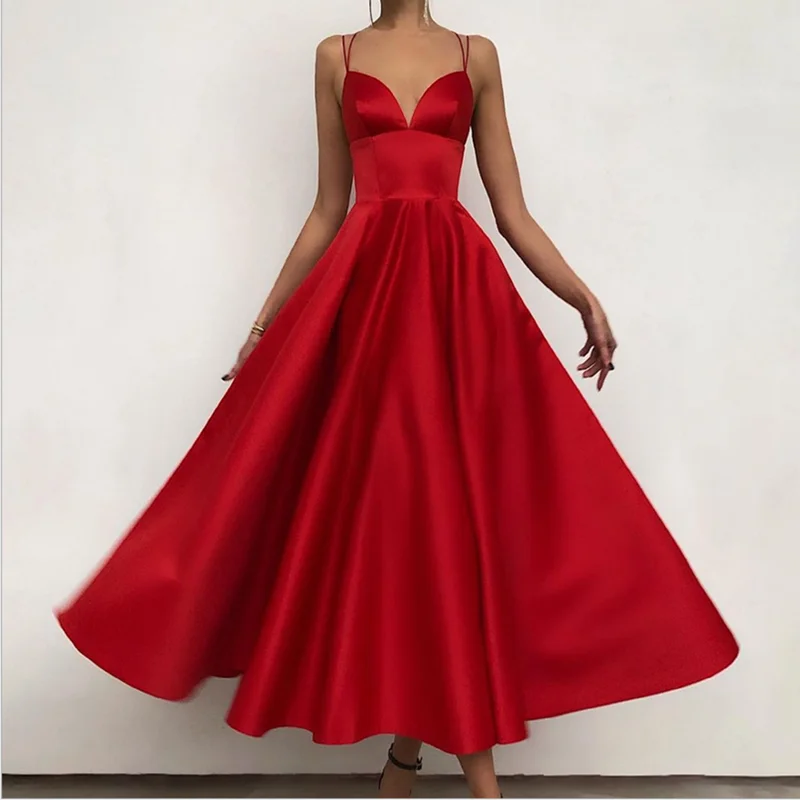 

2021 Summer Sexy V-neck suspender women dress high waist sleeveless A-line dresses office lady Elegant Party dress white Red
