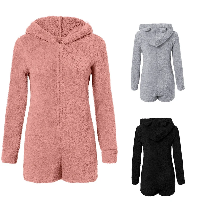 

Women Sexy Cute Playsuit Autumn Winter Warm Coral Fleece Velvet Long Sleeve Bodysuit Kawaii Bear Hooded Jumpsuit Home Clothes