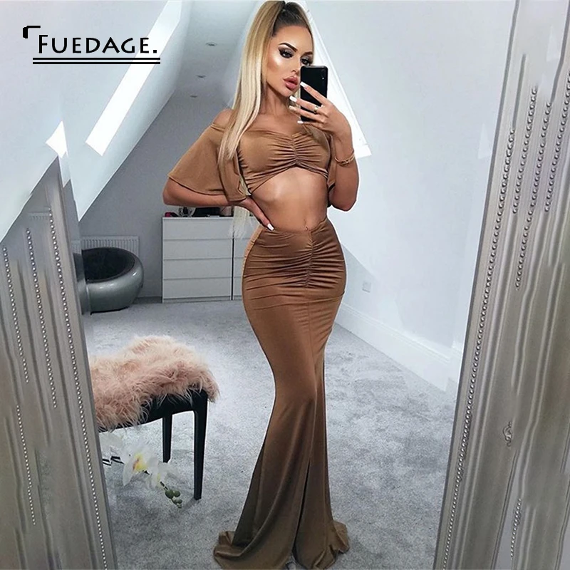 Fuedage/осеннее сексуальное длинное вечернее платье элегантное облегающее