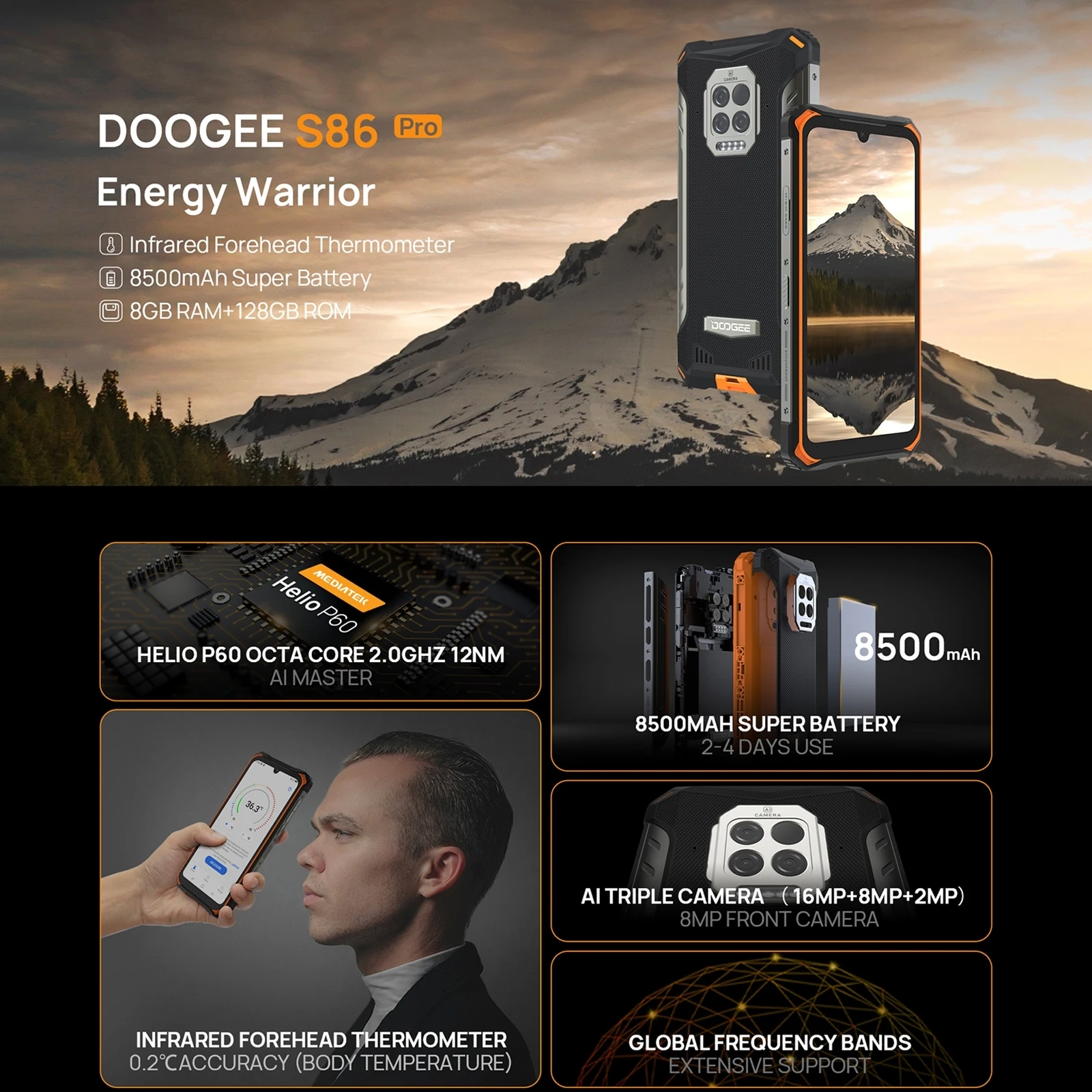 Смартфон DOOGEE S86 Pro защищенный 128 Гб ПЗУ 8 ГБ ОЗУ Android 10 Восьмиядерный процессор Helio P60