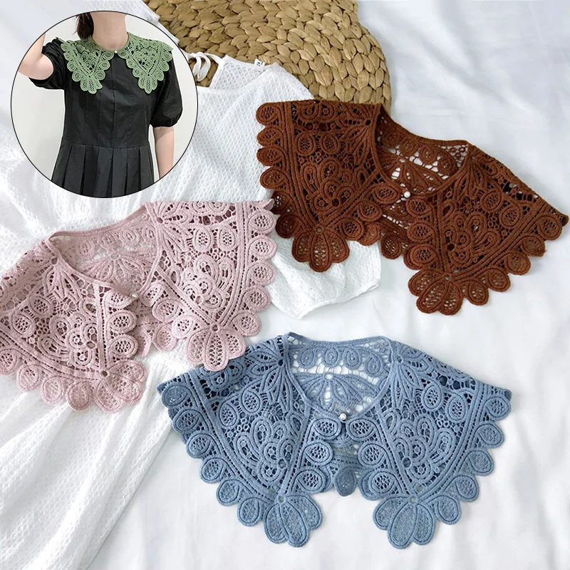 

Korean Women Hollow Floral Lace Fake Collar Detachable Buttons Large Pointed Lapel Half Shirt Blouse Dress Decorative Accessory