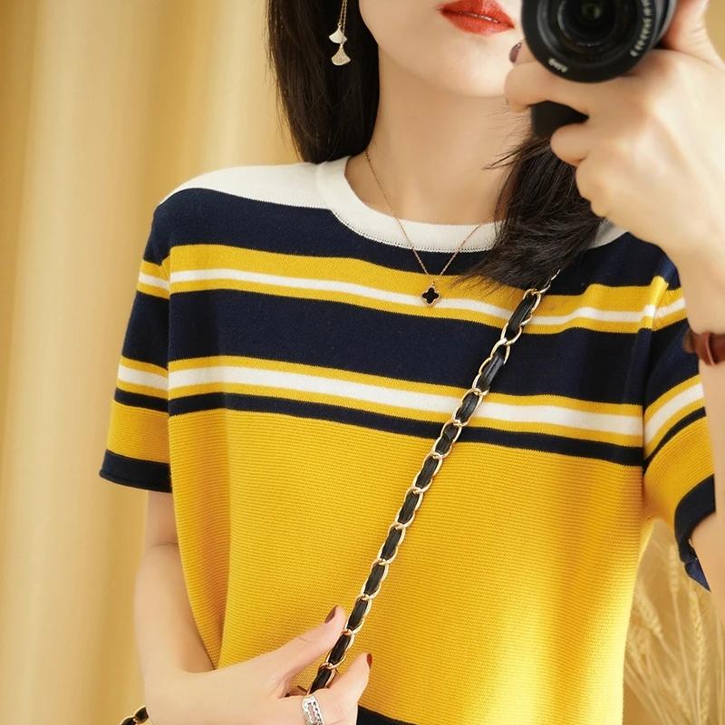 

2021 Summer New Cotton Linen Fashion T-Shirt Striped Knit Short-Sleeved Female Thin Large Size Top Base Pure Cotton Half-Sleeved