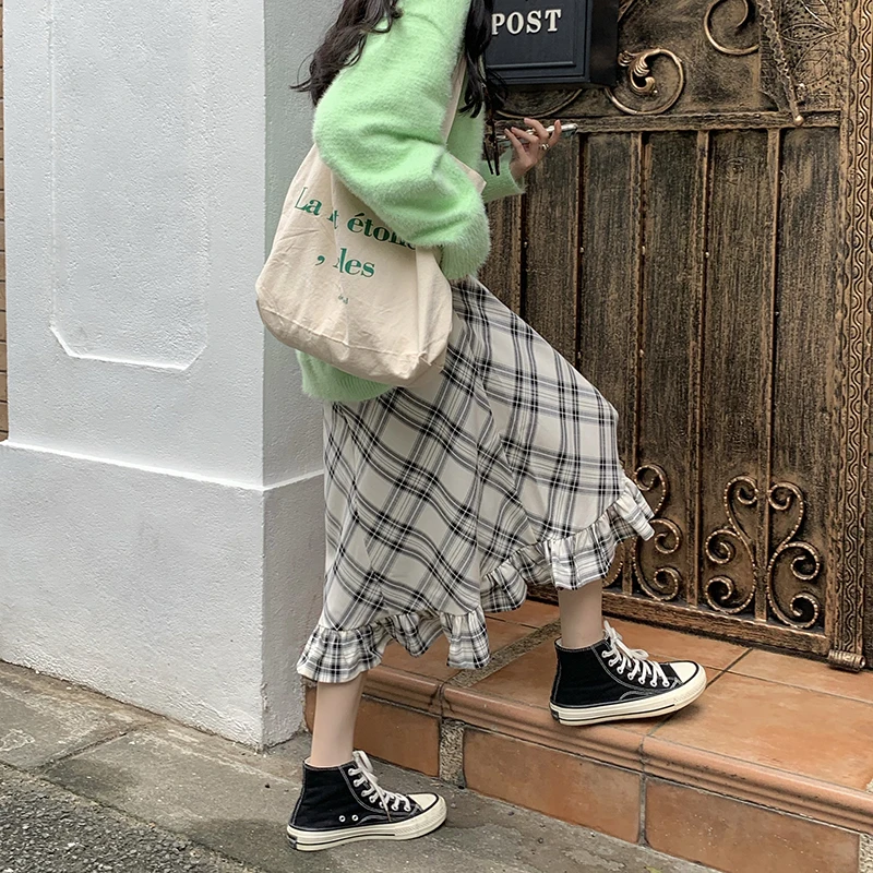 

2021 New Autumn And Winter Casual A-Line Plaid Skirt Women High Waist Long Skirts Fashion All-Match