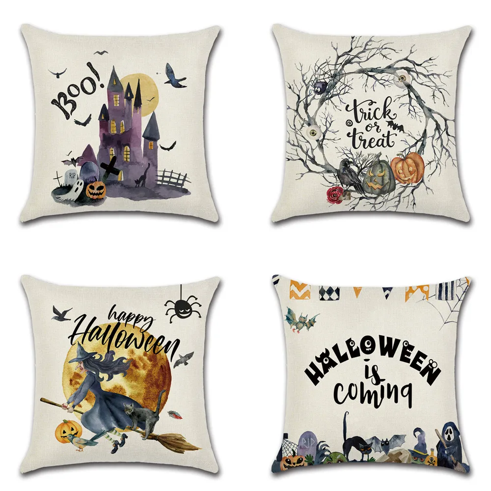 

Halloween Cartoon Castle Witch Pumpkin Lantern Bat Printing Pillowcase Home Decoration Linen Sofa Pillow Case Car Cushion Cover