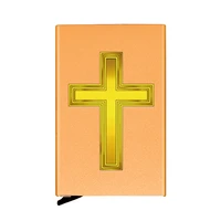 golden metal case christian cross printing credit card holder men slim anti protect travel id cardholder women rfid wallet