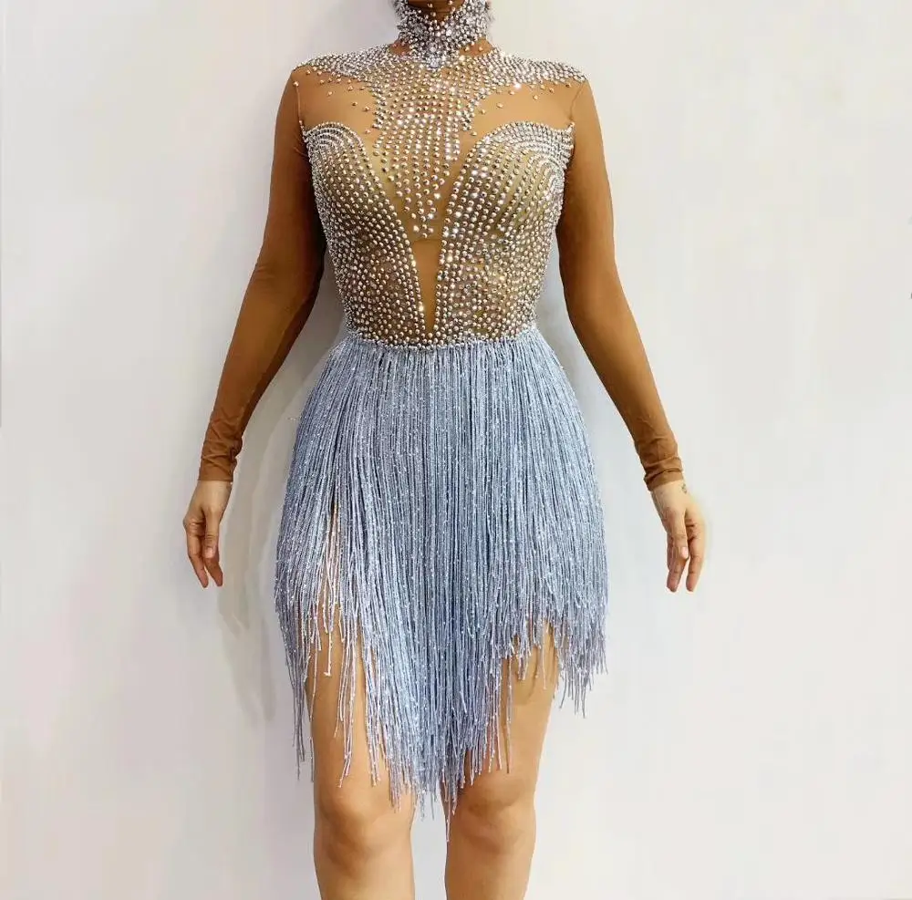 Women Performance Stage Transparent Rhinestones Tassel Bodysuit Dance Costume Bar Club Party Crystals Fringes Leotard Bodysuits