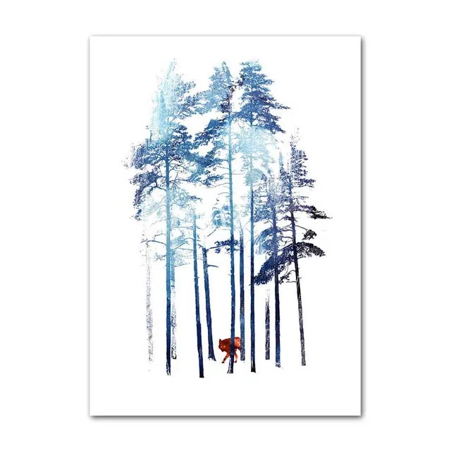 

Canvas Painting Poster Wall Art Modular Picture Blue Trees And Red Foxes On Rails Nordic Style Home Decor Prints For Living Room