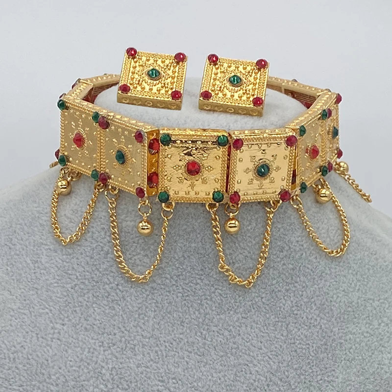 24k Дубай ювелирные наборы для женщин Саудовская Аравия Цветной камень Чокеры Habesha