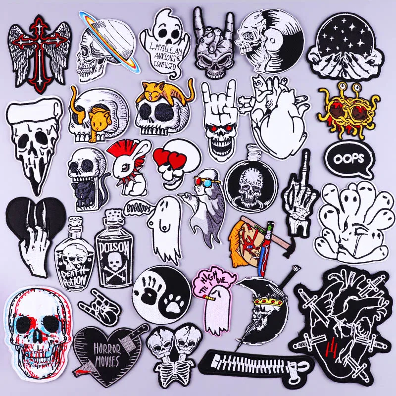 

Black And White Skull Stripes Embroidery Patches For Clothing DIY Biker Iron On Patches On Clothes Punk Ghost Patch Zipper Patch