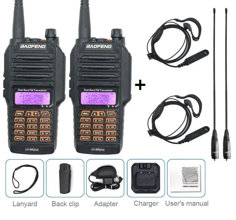 2 шт. BAOFENG UV-9R PLUS 10 Вт Высокая мощность портативная рация Водонепроницаемый VHF UHF Ham CB радио приемопередатчик сканер двухстороннее радио Охотник - Цвет: add earpiece antenna