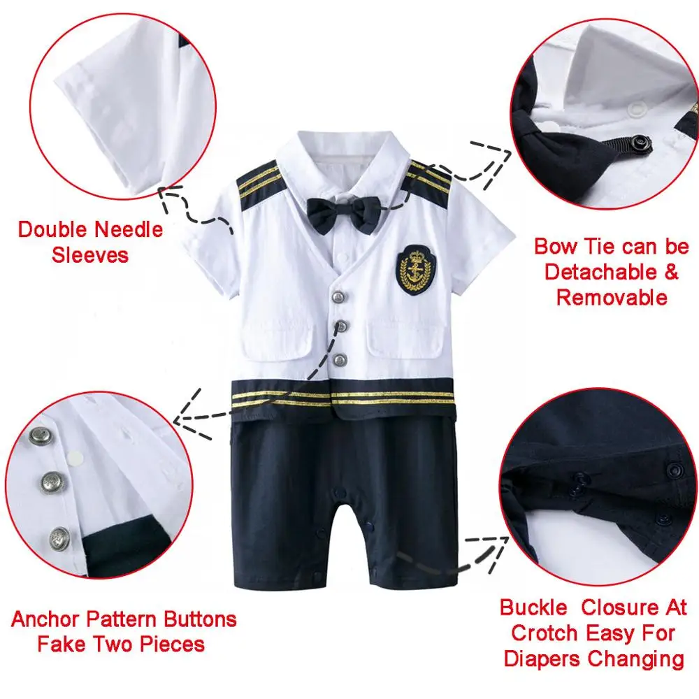 Baby Boys Captain Costume Romper With Hat Newborn Infant Halloween Cosplay Jumpsuit Outfit Toddler Skipper Sailor Playsuit |