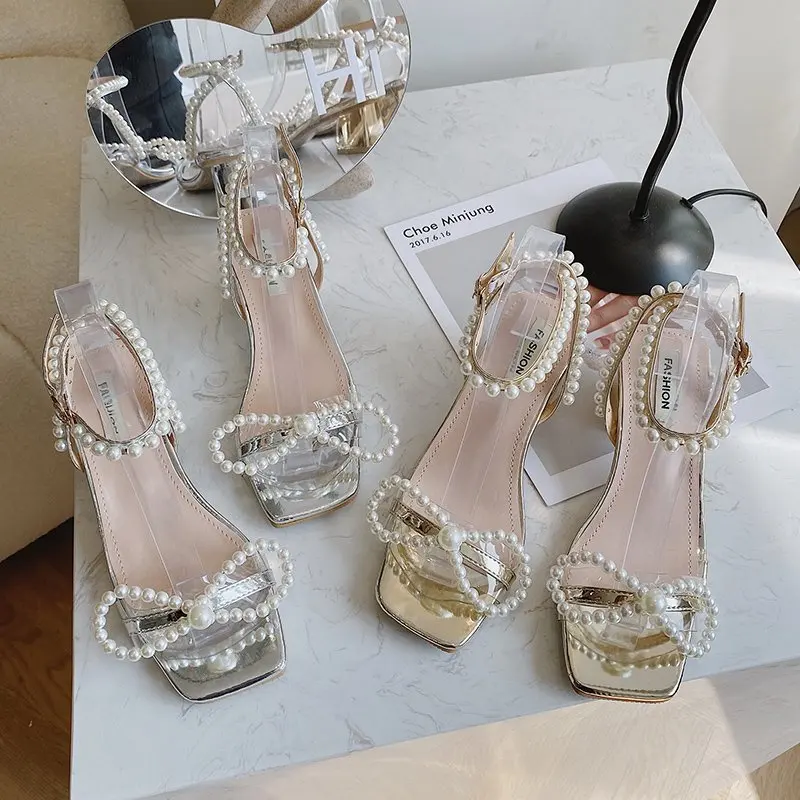 

Female Sandal Bow Shoes 2021 Women's Med All-Match High Heels Buckle Strap Girls New Medium Summer Beige Fashion Pearl High-heel