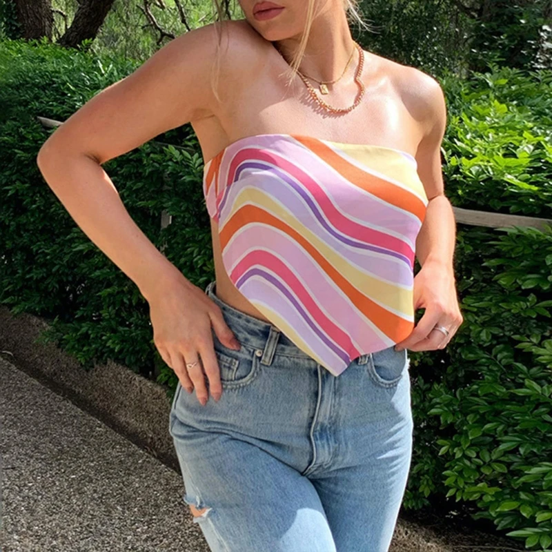 

Women Rainbow Striped Strapless Tube Top Sexy Off Shoulder Backless Bandeau Vest