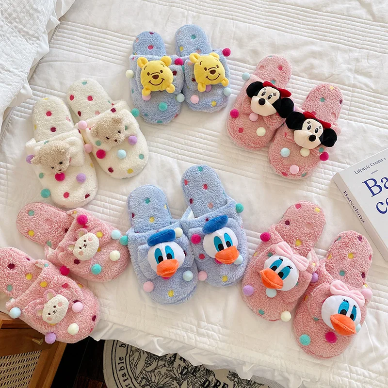 

Тапочки Disney женские зимние плюшевые, Симпатичные Мультяшные домашние тапочки для общежития, теплые хлопковые, домашняя обувь для пар