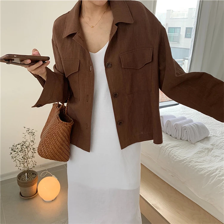 

New 2022 Summer Fall Women's Jacket Casual Pockets Cargo Oversize Cotton and Linen Wild Outerwear Short Tops