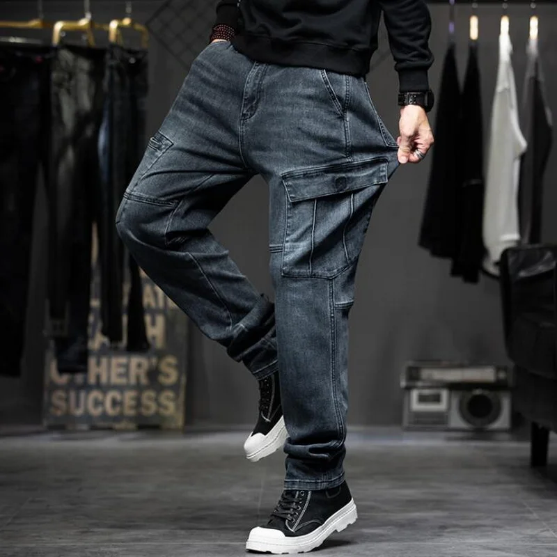 

Loose Straight Streetwear Jeans Multi-Pocket Jeans Male Denim Trousers Retro Baggy Jeans Size 28-44