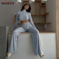 instahot wide leg pant women two piece set long sleeve solid autumn casual outfit matching set casual homewear 2021 crop top set