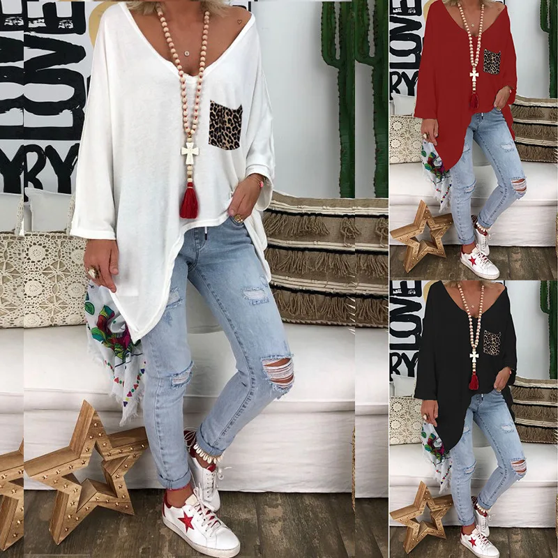 Длинная футболка Женская осенне-зимняя одежда Карманы v-образный вырез