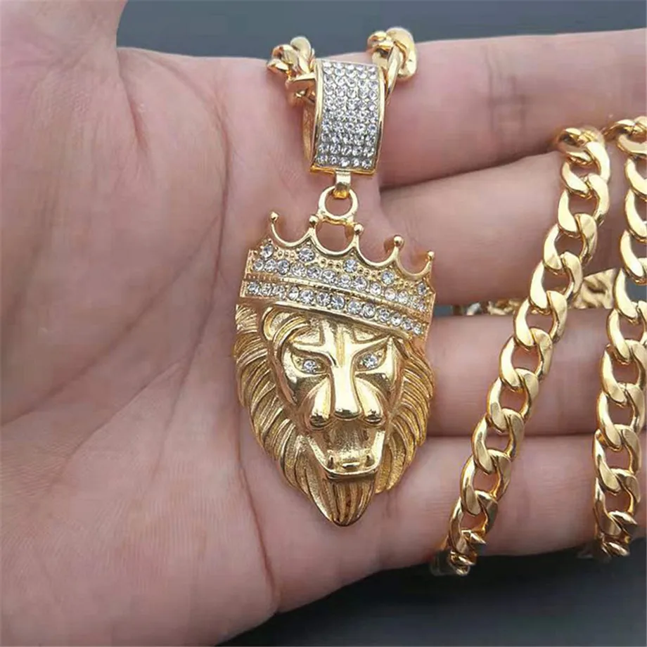 

Stainless Steel Lion Chain Head Pendant Iced Out Bling Crown Gold Animal Lion Necklace for Men/Women Hip Hop Jewelry Dropship