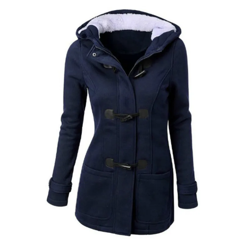 Oversize Women Cotton Horn Button Slim Casual Coat Winter 2021 New Parkas Long Sleeve Warm Jacket Grey Solid Hood Pocket Coat