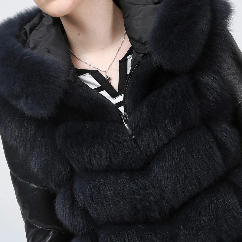Natural New Genuine Fur Fox Vest  Long Fox Fur Sheepskin Hat Coat Sheep Skin Demolished Sleeves Can Detachable Jacket