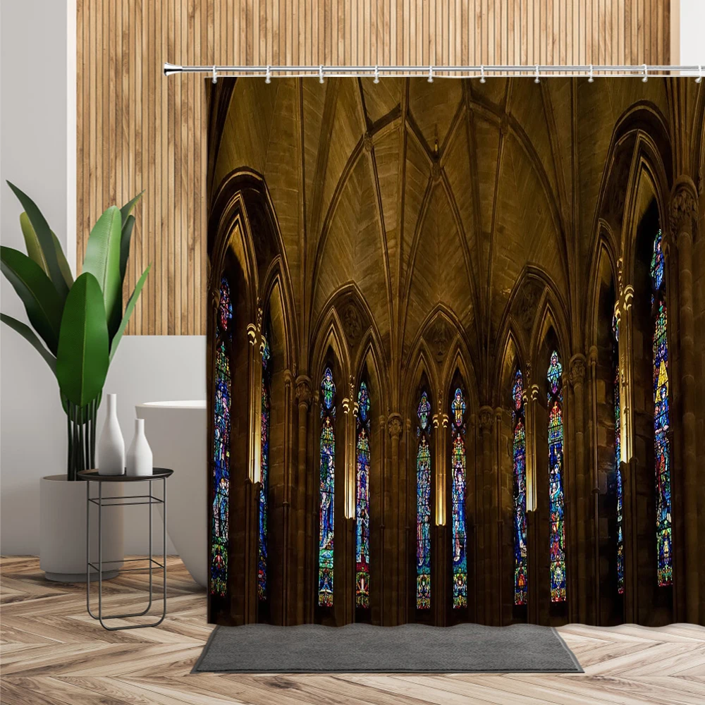 

Classical European Style Shower Curtains Retro Architecture House Photo Home Bath Decor With Hook Bathroom Curtain Hanging Cloth