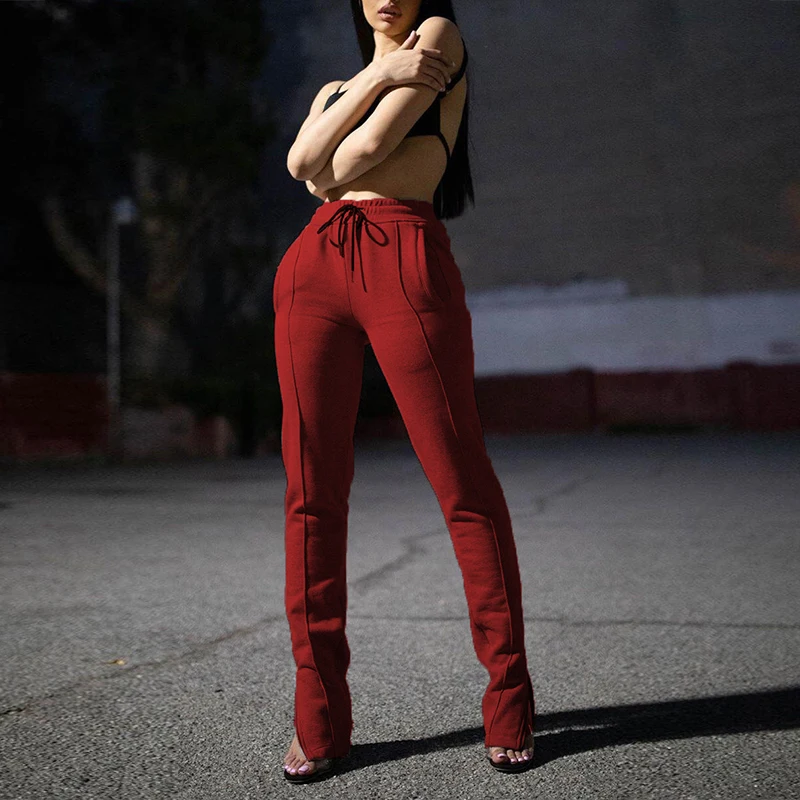 

Women Casual Hem Split Thick Warm Sweatpants Fall Winter Lace Up Drawstring High Waisted Trousers High Street Wear