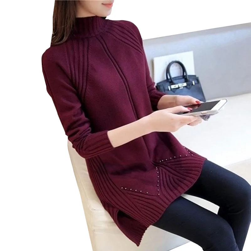 

Autumn Winter Mid-length Women Pullover Sweater Thick Loose Beaded Knitted Half High Neck Long Sleeve Bottoming Shirt Sweater