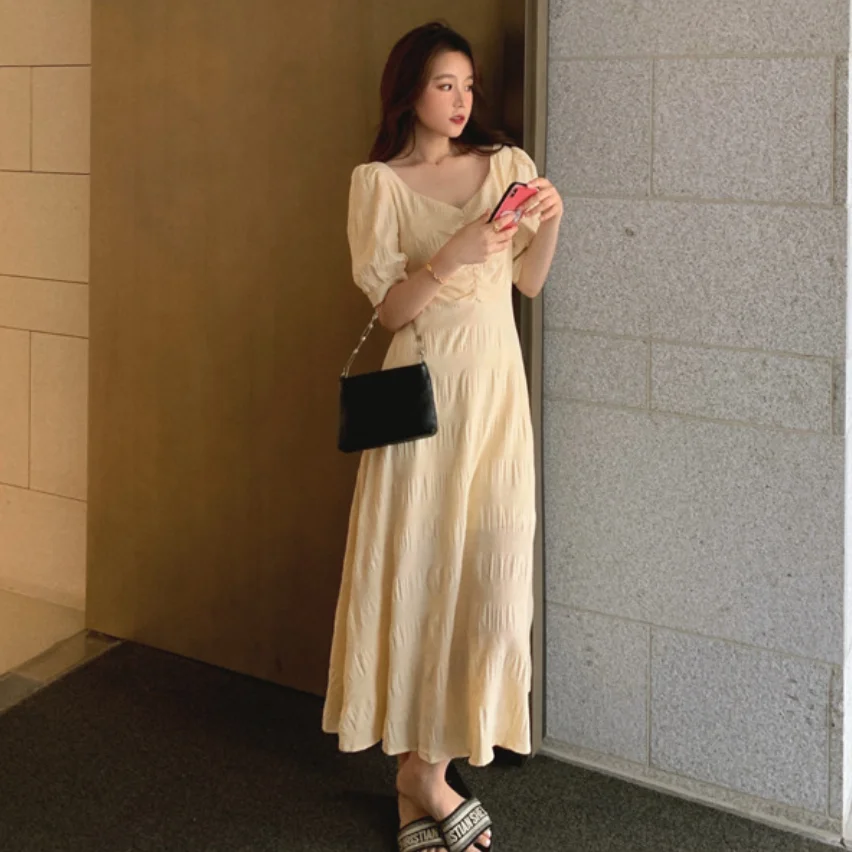 

2021 New Summer Length Flaxen V-neck Chiffon Dress Sen Department Waist Skirt Temperamental Fashion Versatile Simple Dress