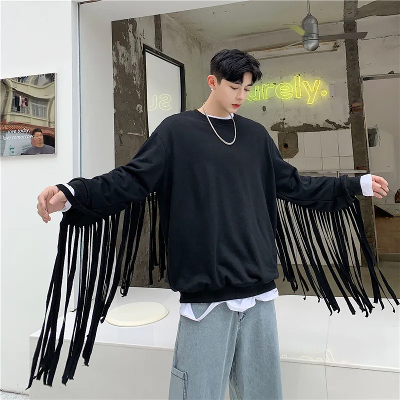 

New Men Long Tassle Pullover Sweatshirts Male Women Hip Hop Streetwear Casual Black Red Hoodie Stage Show Clothing