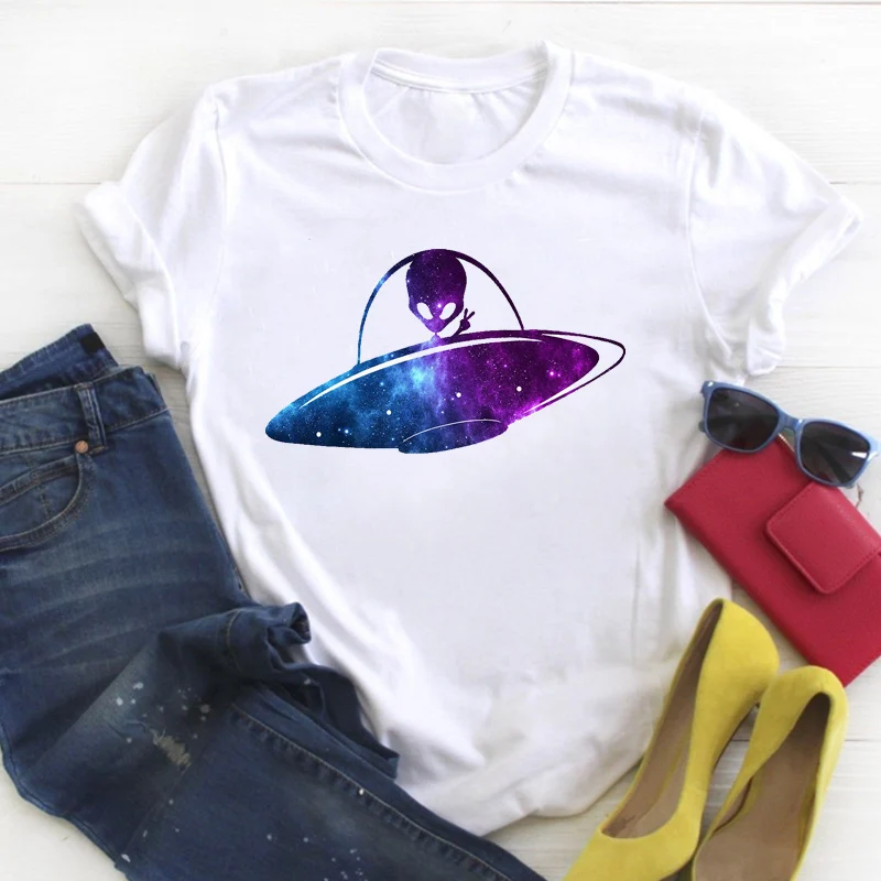 

Women UFO Alien Letter 90s Fashion Printed Cartoon Ladies Summer T Tee Female Top Shirt Clothes Tshirt Womens Graphic T-shirt