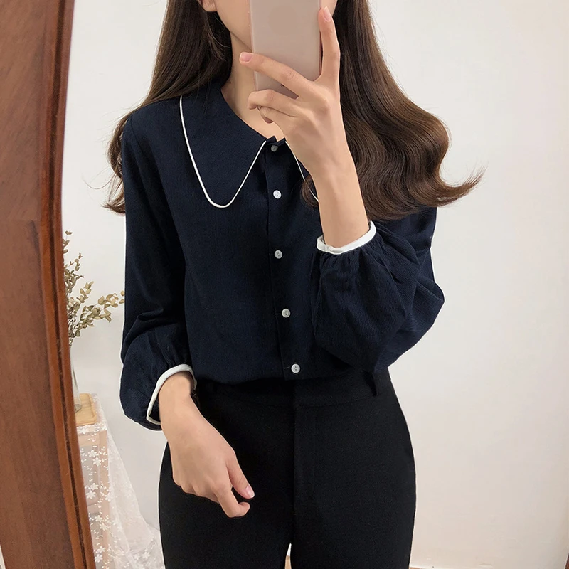 

Elegant Women Long Sleeve Blouse Loose Solid Color Office Lady Turn Down Collar Shirt Autumn Casual Button Top