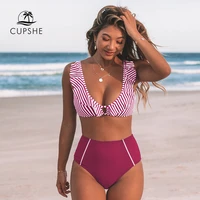 cupshe red stripe ruffled high waist bikini sets swimsuit women sexy v neck tank two pieces swimwear 2021 beach bathing suits