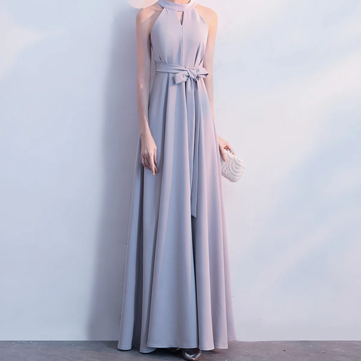 

Sexy Halter Neck Sleeveless Prom Dress Elegant Pleated Bowknot Waist Chiffon Evening Party Dress Sukienki Damskie Wieczorowe