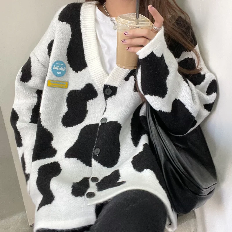 

2021 Cow pattern Cardigan for Women Autumn Coat Y2k Dropshipping Tops Oversize Clothing Streetwear Buttons Knitting Long Sleeve
