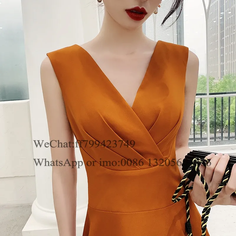 

Latest V Neck Evening Dresses Tea Length Golden A Line Korea Prom Dress Party 2021 Simple Vestidos De Fiesta