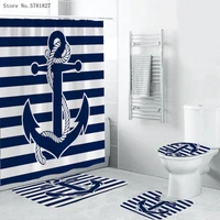 3 4 Pieces Blue Anchor Shower Curtains Sets Euro Nautical Carpet Pedestal Rug Lid Toilet Cover Bath Mat Sea Marine Bathroom Sets