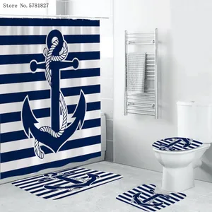 34 pieces blue anchor shower curtains sets euro nautical carpet pedestal rug lid toilet cover bath mat sea marine bathroom sets free global shipping
