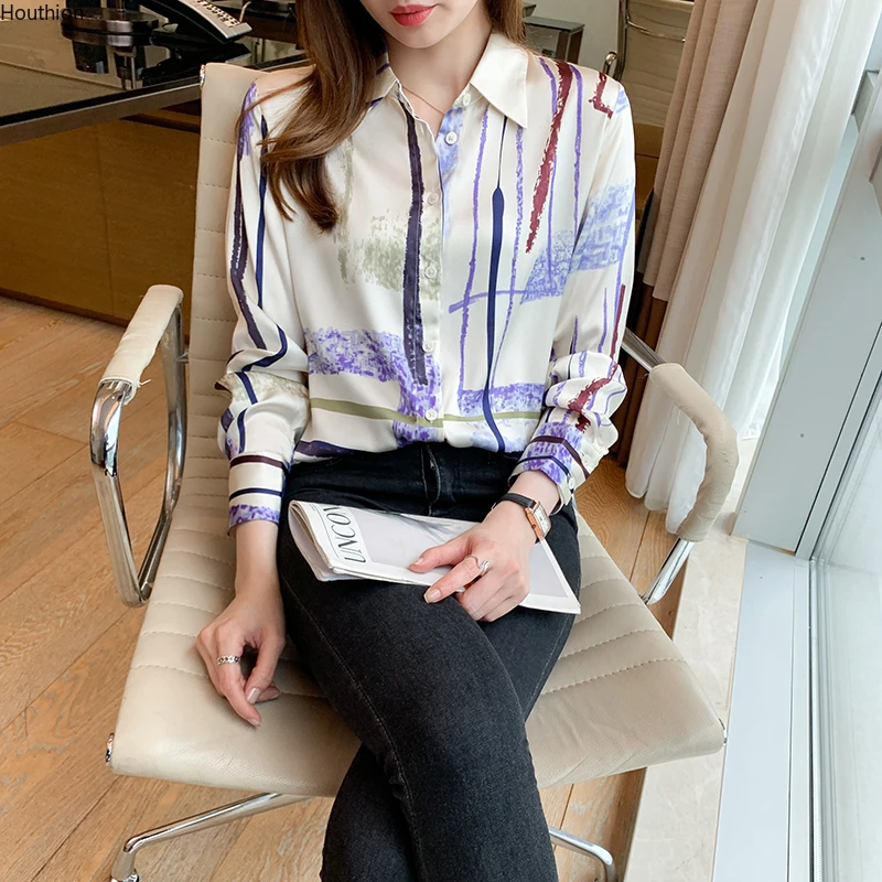 

Summer New Women's Blouses Polo Shirt Long Sleeve Tops Printed Blouse Girl Chiffon Casual Fashion Lady Loose