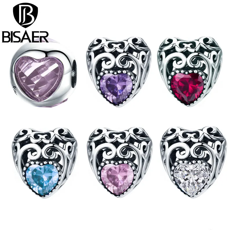 

BISAER 925 Sterling Silver Birthstone Perles Radiant Droplet Pink CZ Crystal Beads Charm fit Silver 925 Bracelet Jewelry Making