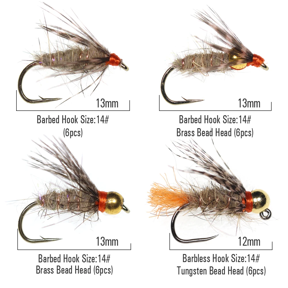 ICERIO 24 шт./коробка Вольфрамовая/латунная головка из бусин мягкая Hackle Hares Ear Fly Mayfly