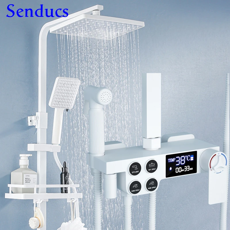 

White Digital Shower Set Hot Cold Waterfall Bathroom Mixer Faucets Rainfall Shower Head Cheap White Thermostatic Bath Shower Set